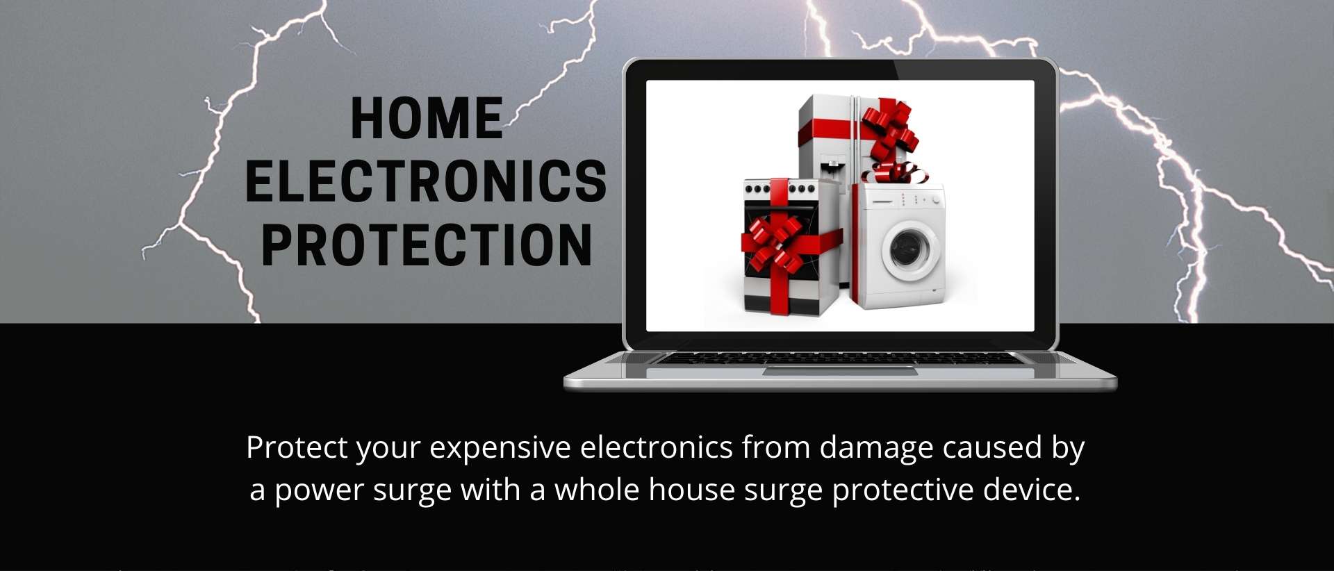 home electronics with a lightning background